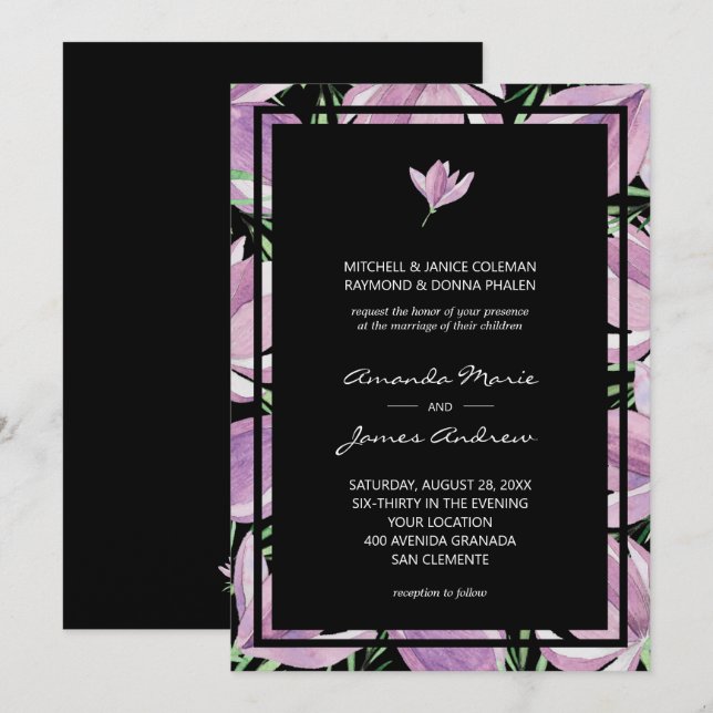 Invitation Élégant Mariage floral violet noir (Devant / Derrière)