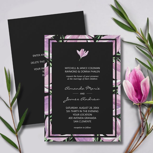 Invitation Élégant Mariage floral violet noir (Elegant purple ad white magnolias on black wedding invitations, area on the back for more details)