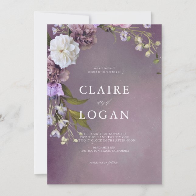 Invitation Élégant Mariage floral violet subtil (Devant)