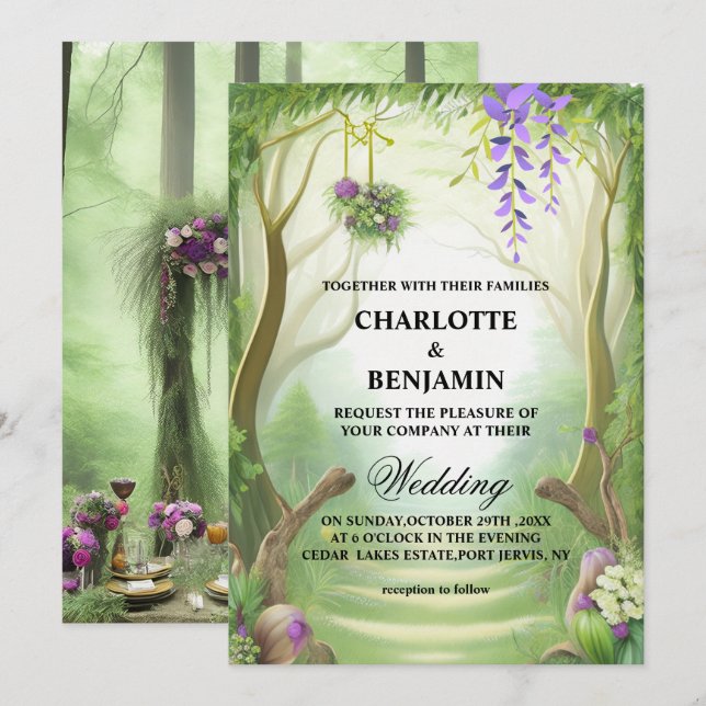 Invitation Élégant Mariage forestier enchanté vert (Devant / Derrière)