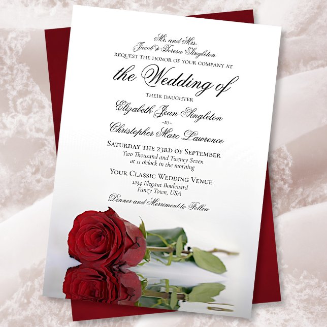 Invitation Élégant Mariage Formal Rose Rouge à longue tige (Créateur téléchargé)