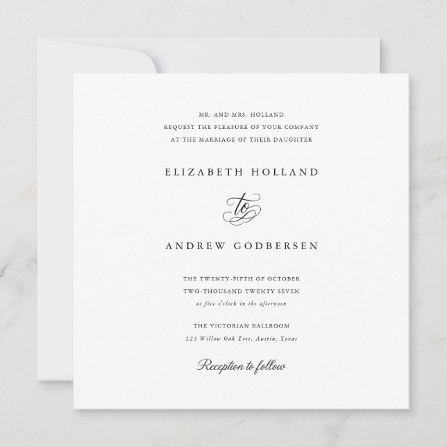 Invitation Élégant Mariage Formel Carré Noir Et Blanc (Devant)