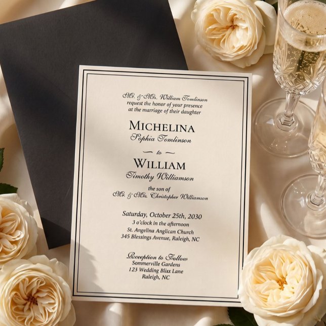 Invitation Élégant Mariage Formel Crème Noir Classique Script (Créateur téléchargé)