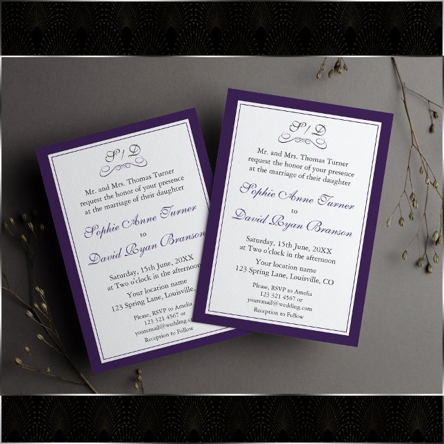 Invitation Élégant Mariage frontalier violet et blanc (Créateur téléchargé)