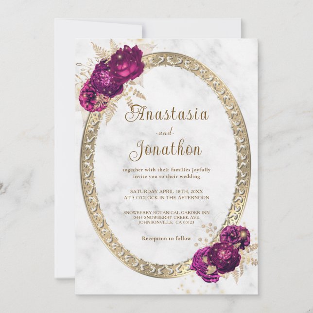 Invitation Élégant Mariage Fuchsia rose Floral Or encadré (Devant)