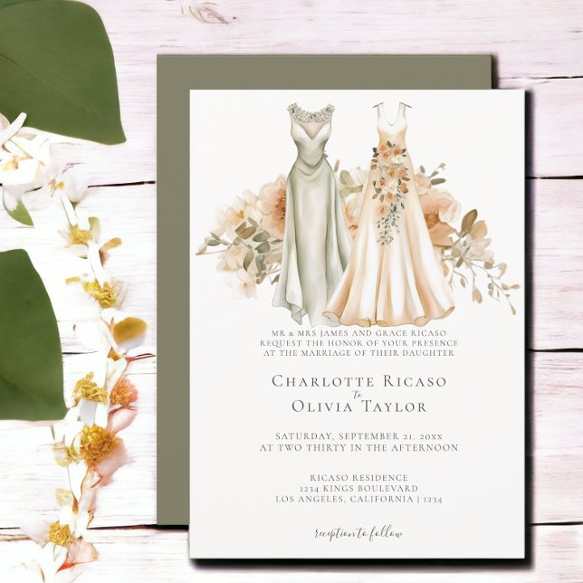 Invitation Élégant Mariage gay deux mariées en robe (Elegant Gay Wedding Two Brides in Dresses Invitation from Ricaso. Features two stunning dresses)