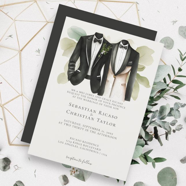 Invitation Elégant Mariage gay deux pièces en costume (Elegant Gay Wedding Two Grooms in Suits from Ricaso. )