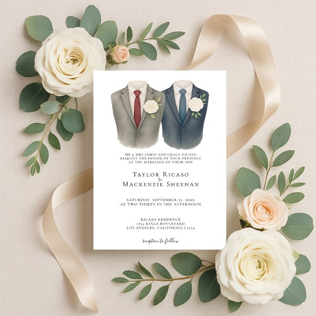 Invitation Elégant Mariage gay deux pièces en costume (Elegant Gay Wedding Two Grooms in Suits Invitation by Ricaso. Stunning same sex wedding invite)