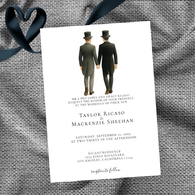 Invitation Elégant Mariage gay deux pièces en costumes du mat (Elegant Gay Wedding Two Grooms in Morning Suits Invitation by Ricaso. Exclusive to Zazzle.)