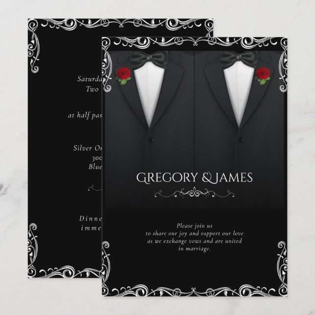 Invitation Élégant Mariage gay Tuxedo Rose rouge (Devant / Derrière)