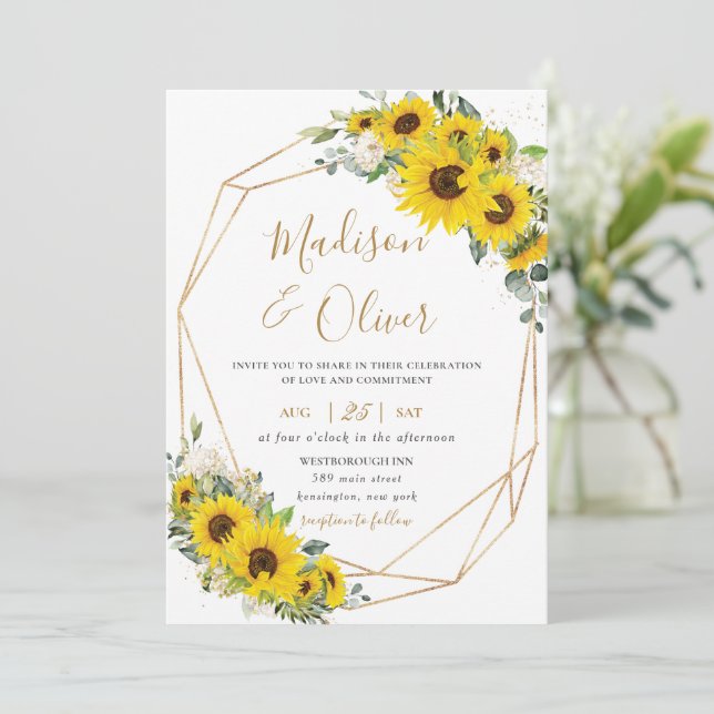 Invitation Élégant Mariage géométrique floral de tournesol or (Debout devant)