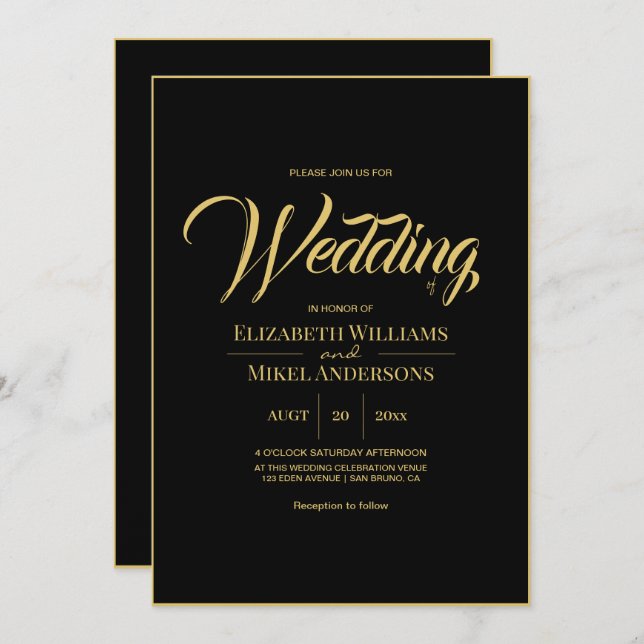 Invitation Élégant Mariage Gold Black Budget (Devant / Derrière)