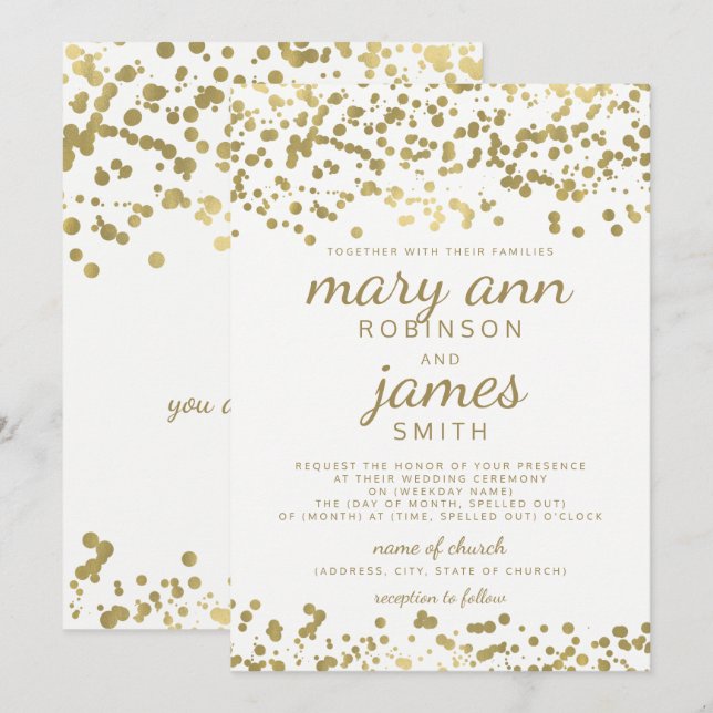 Invitation Elégant Mariage Gold Foil Look Confetti (Devant / Derrière)