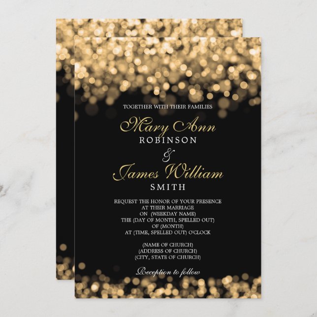 Invitation Élégant Mariage Gold Lights (Devant / Derrière)