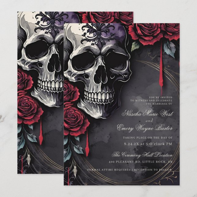 Invitation Élégant Mariage Gothique Crâne et Roses (Devant / Derrière)