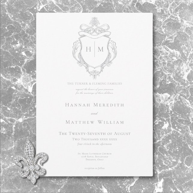 Invitation Élégant mariage gris à décor chinois oiseau et arm (Elegant Gray Chinoiserie Bird & Crest Wedding Invitation)