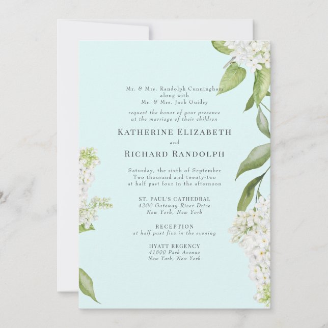 Invitation Élégant Mariage Hydrangea Blanc Seafoam V (Devant)