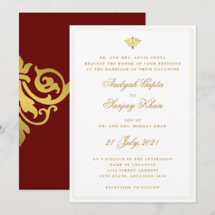 Invitation Élégant Mariage indien d'or rouge de Bourgogne