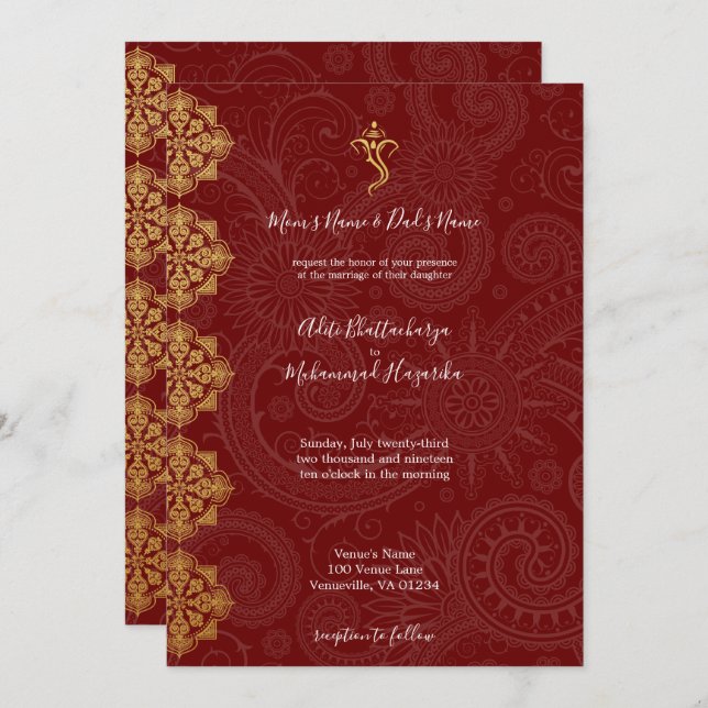 Invitation Élégant Mariage indien Gold & Red Ganesha (Devant / Derrière)