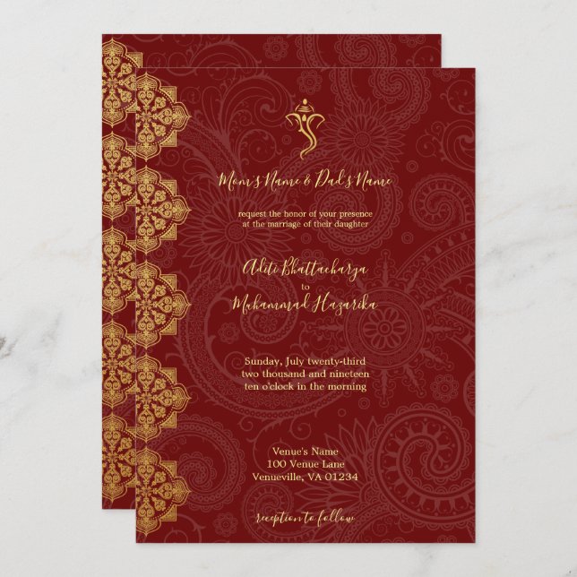 Invitation Élégant Mariage indien Gold & Red Ganesha (Devant / Derrière)