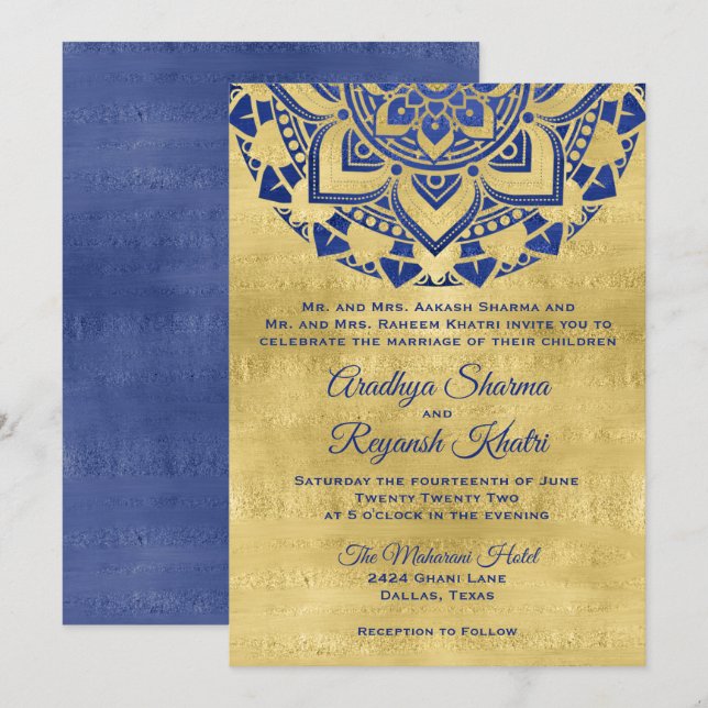 Invitation Élégant Mariage indien Mandala en or bleu (Devant / Derrière)