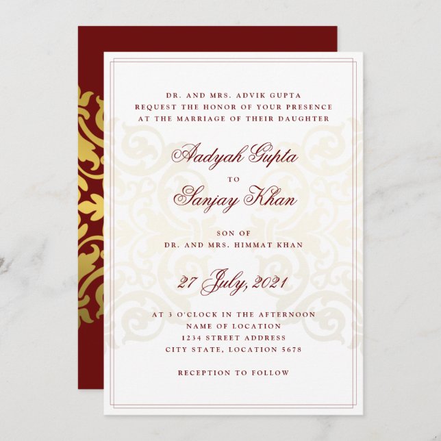 Invitation Élégant Mariage indien Mandala en or rouge bordeau (Devant / Derrière)