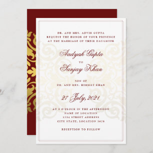 Invitation Élégant Mariage indien Mandala en or rouge bordeau