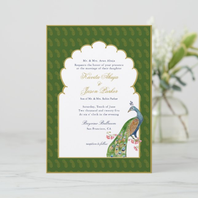Invitation Élégant mariage indien Peacock Vert foncé (Debout devant)