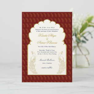 Invitation Élégant mariage indien Red & Gold Peacock