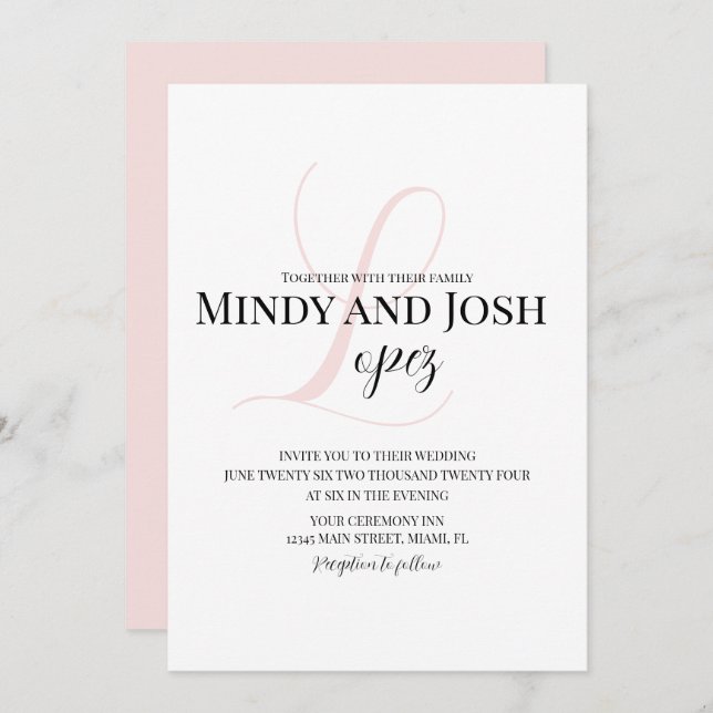 Invitation Élégant Mariage initial de script rose (Devant / Derrière)