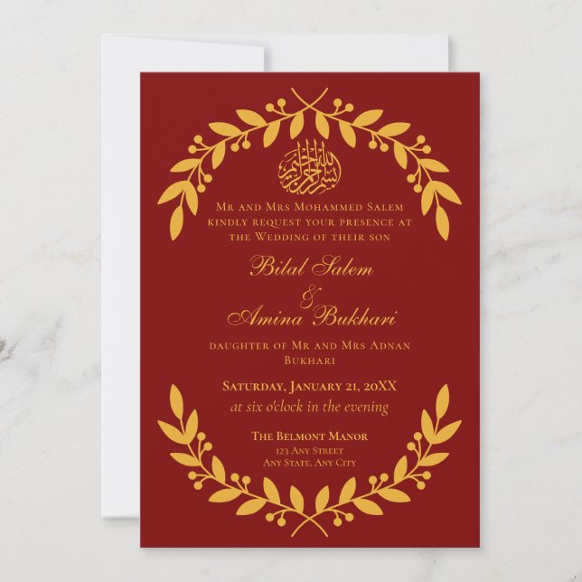 Invitation Élégant Mariage islamique de feuille rouge et or (Devant)