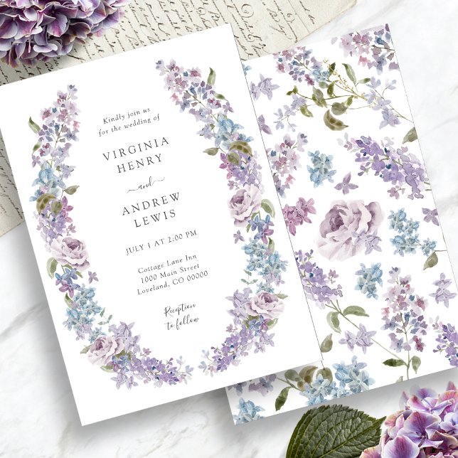 Invitation Élégant Mariage Lilac violet (Elegant Purple Lilac Flowers Wedding Invitation by Painted Paperie)