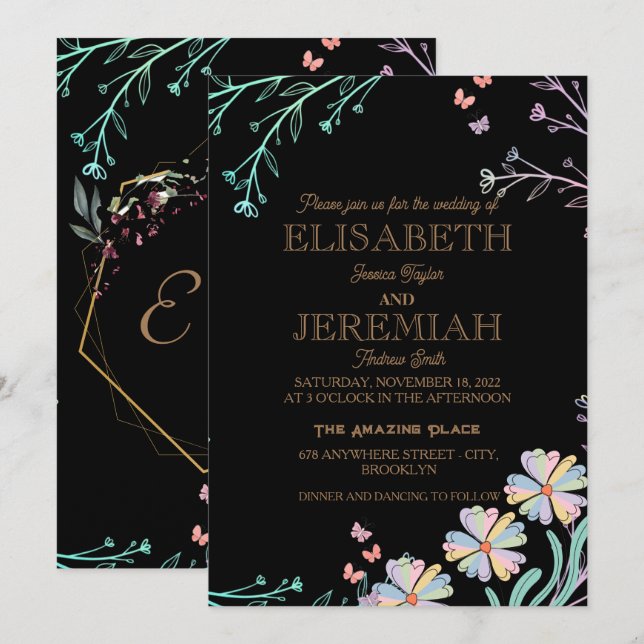 Invitation élégant mariage luxueux noir classique (Devant / Derrière)