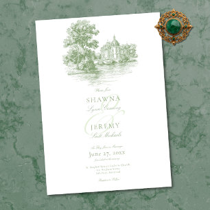 Invitation Élégant mariage manoir français toile vert sauge