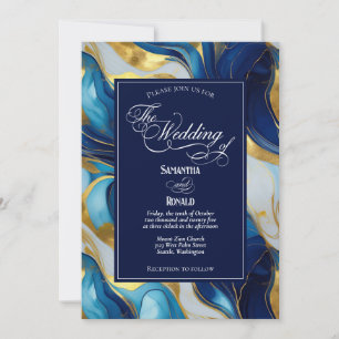 Invitation Elégant Mariage marbré Faux Gold, Bleu et Blanc