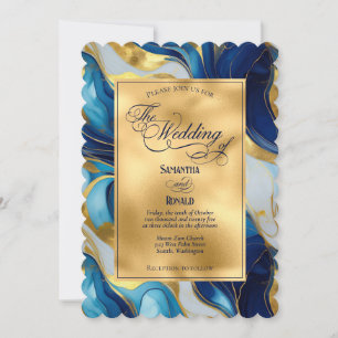 Invitation Elégant Mariage marbré Faux Gold, Bleu et Blanc