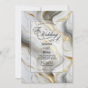 Invitation Elégant Mariage marbré Faux Gold, Grey et Blanc