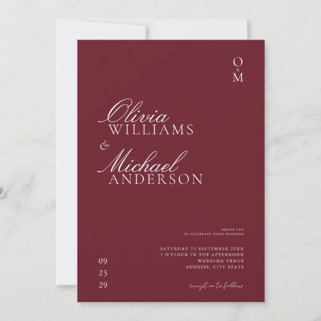 Invitation Élégant Mariage minimaliste de Bourgogne (Devant)