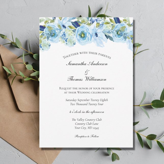 Invitation Élégant mariage moderne à la verdure florale bleue (Créateur téléchargé)