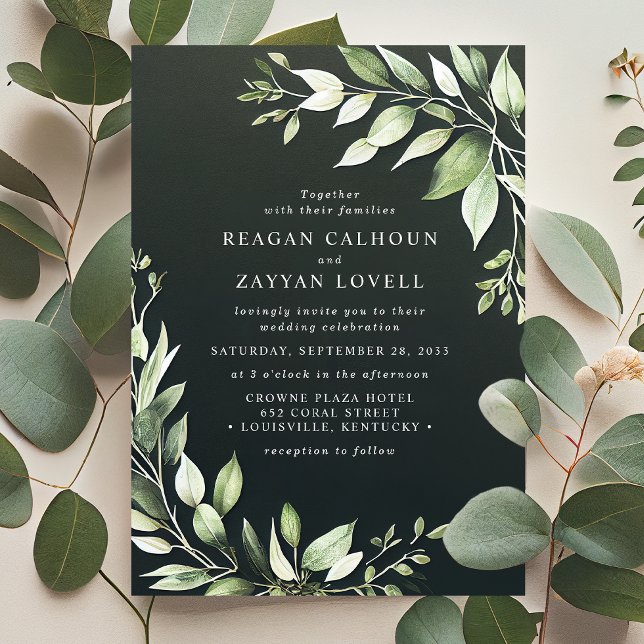 Invitation Élégant mariage moderne avec feuilles de verdure f (Créateur téléchargé)