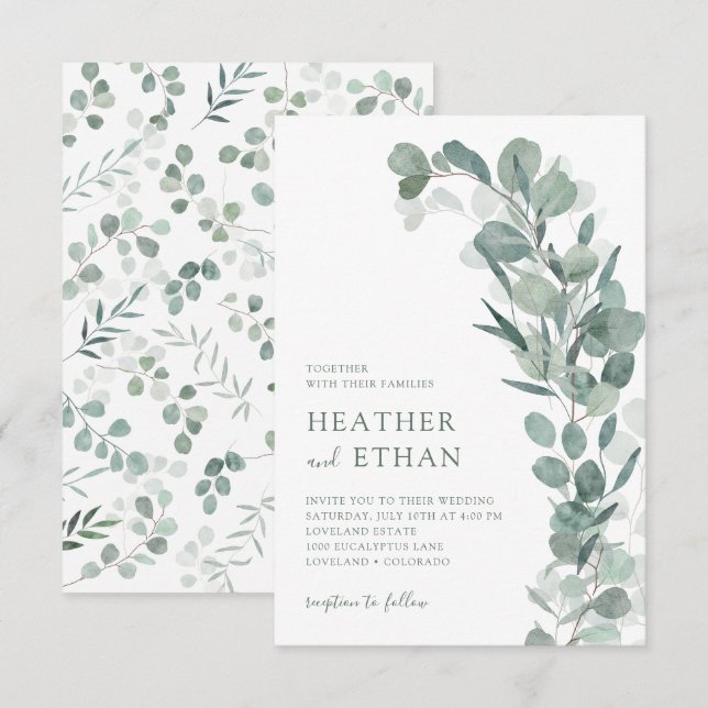 Invitation Élégant mariage moderne avec verdure d'eucalyptus (Devant / Derrière)
