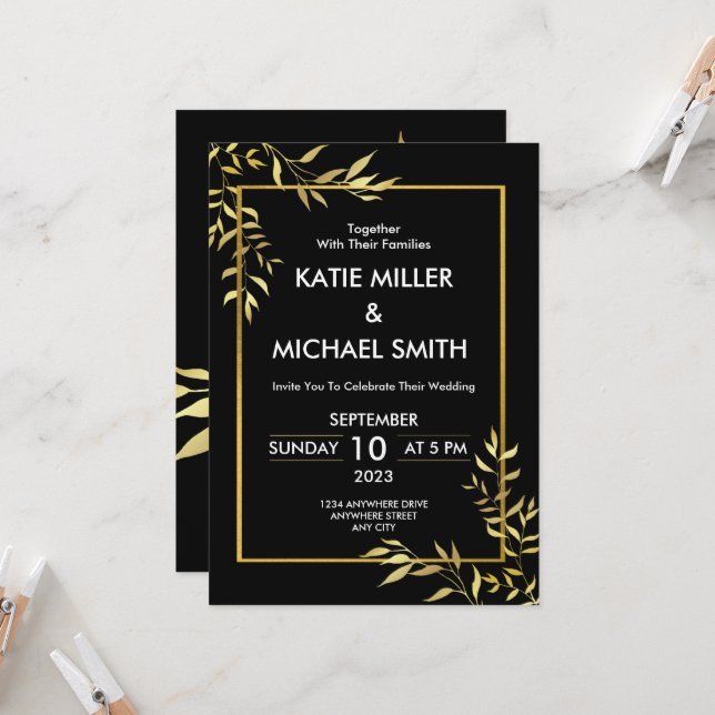 Invitation Élégant Mariage moderne Black & Gold (Devant/Arrière en situation)