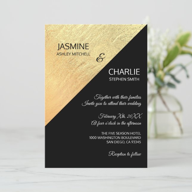 Invitation Élégant Mariage moderne Black & Gold Foil (Debout devant)