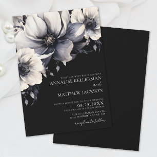 Invitation Élégant Mariage moderne blanc noir floral