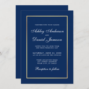 Invitation Élégant Mariage moderne classique bleu or