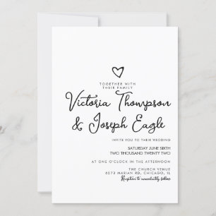 Invitation Élégant Mariage Moderne Écriture Cœur Noir Blanc
