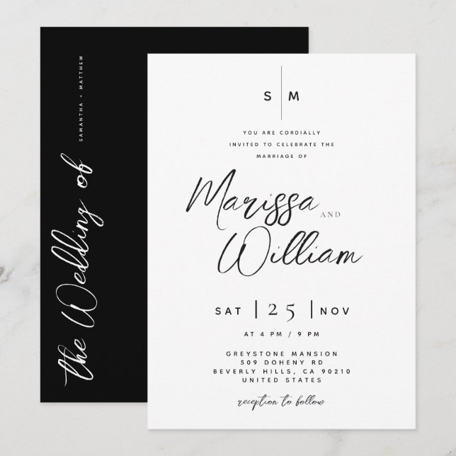 Invitation Élégant mariage moderne écriture noir et blanc  (Devant / Derrière)