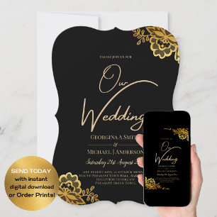Invitation Élégant Mariage Moderne en Noir et Doré en Dentell