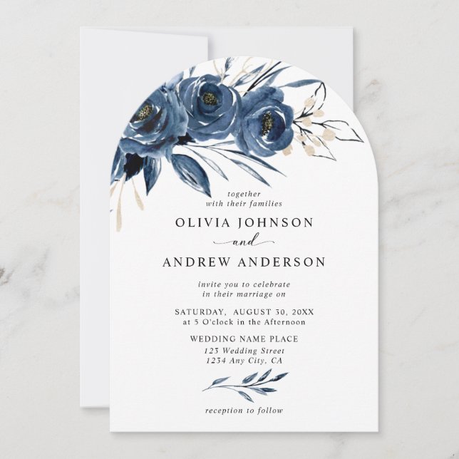 Invitation Élégant Mariage Moderne Fleur d'Arche Bleu Marine (Devant)