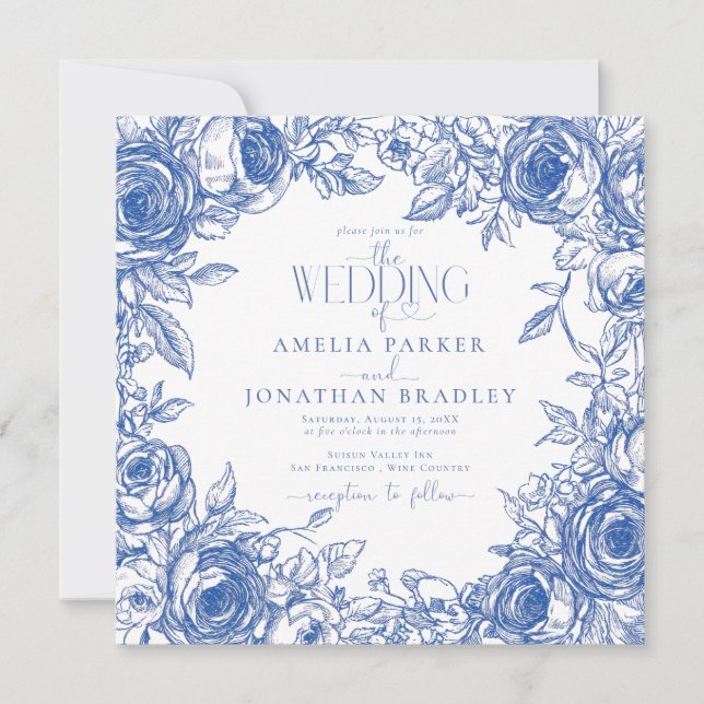 Invitation Élégant Mariage moderne Floraux Bleus (Devant)